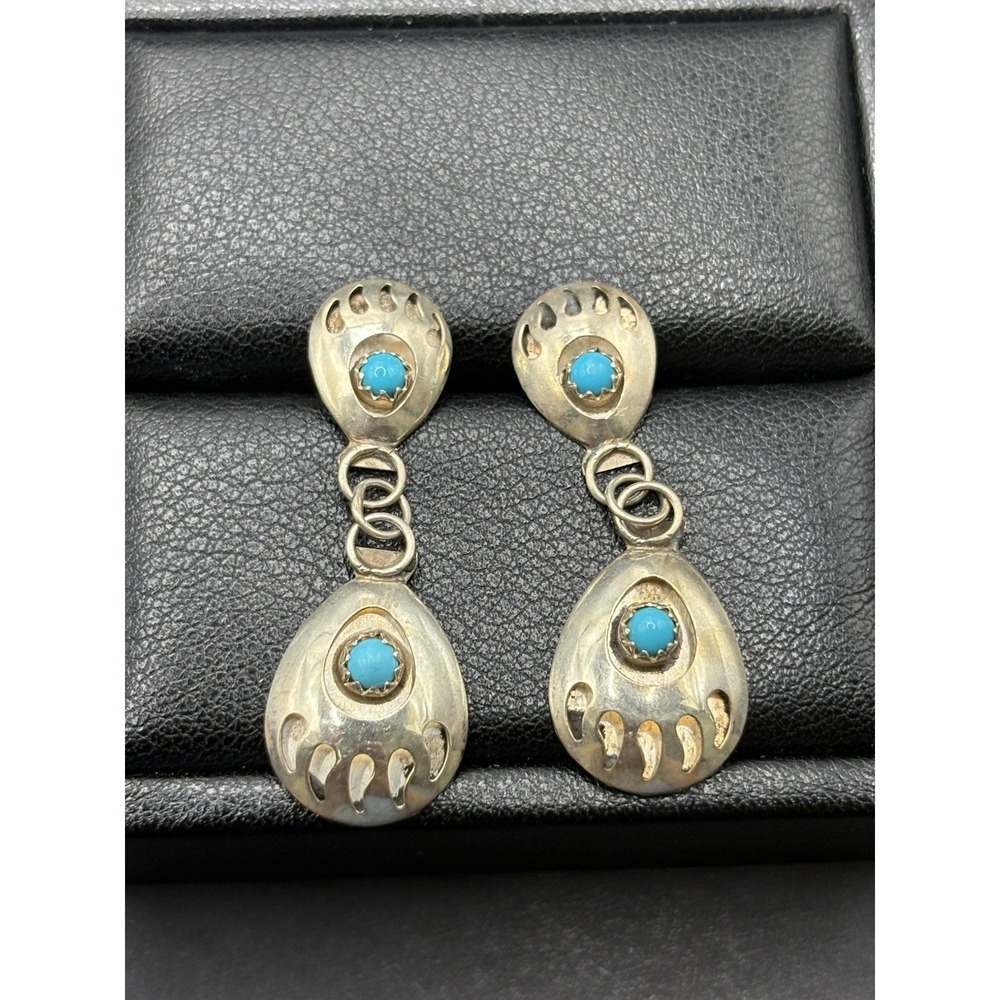 Vintage Southwestern Sterling Silver Turquoise Dangle Bear Claw Earrings H11